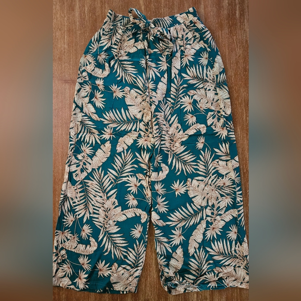 Green Tropical Leaf Print Pants Bohemian Wide Leg Palazzo Pants